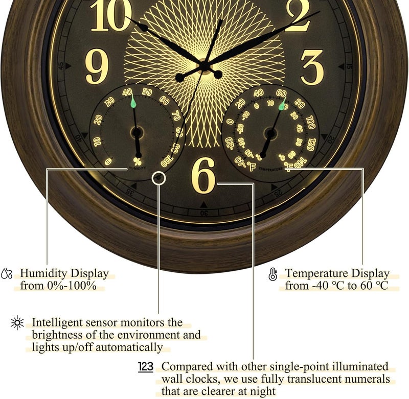 NESIFEE 18 Inch Outdoor Clocks Waterproof for Patio with Thermometer Hygrometer Combo Large Clocks with Smart Sensor Lighted Metal Wall Clocks Battery Operated for Pool Garden Indoor Decorative - Image 3